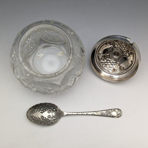 British antique cut glass jam pot silver plate lid & spoon
